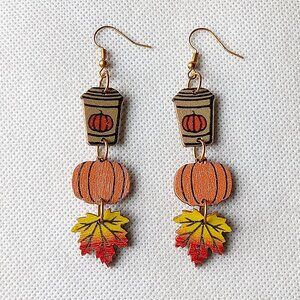 Cute Fall Earrings, Autumn Dangle Earrings, Wooden Earrings